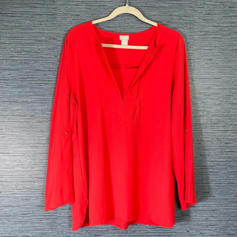 Chico's Women's Long Line Red V Neck Tunic Size‎ 2 Large Classic Office